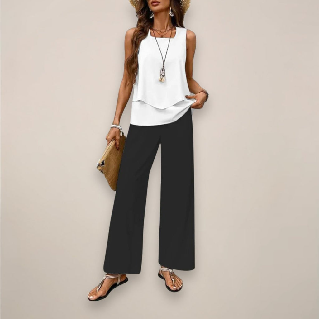 Women's Sleeveless Square-Neck Two-Piece Set Wide-Leg - White Black