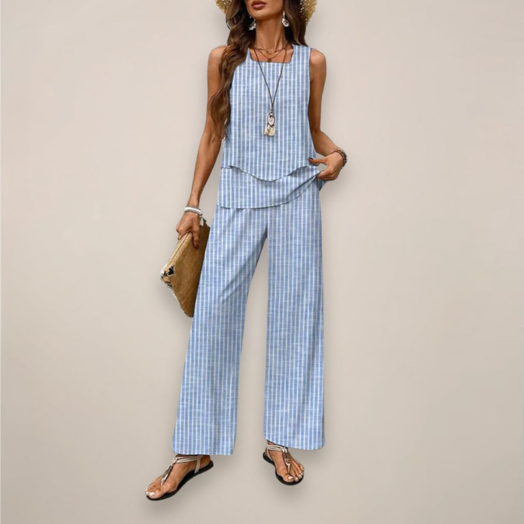 Women's Sleeveless Square-Neck Two-Piece Set Wide-Leg - Blue Stripes