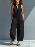 Women's Sleeveless Stand-Collar Button-Up Linen Jumpsuit - Black