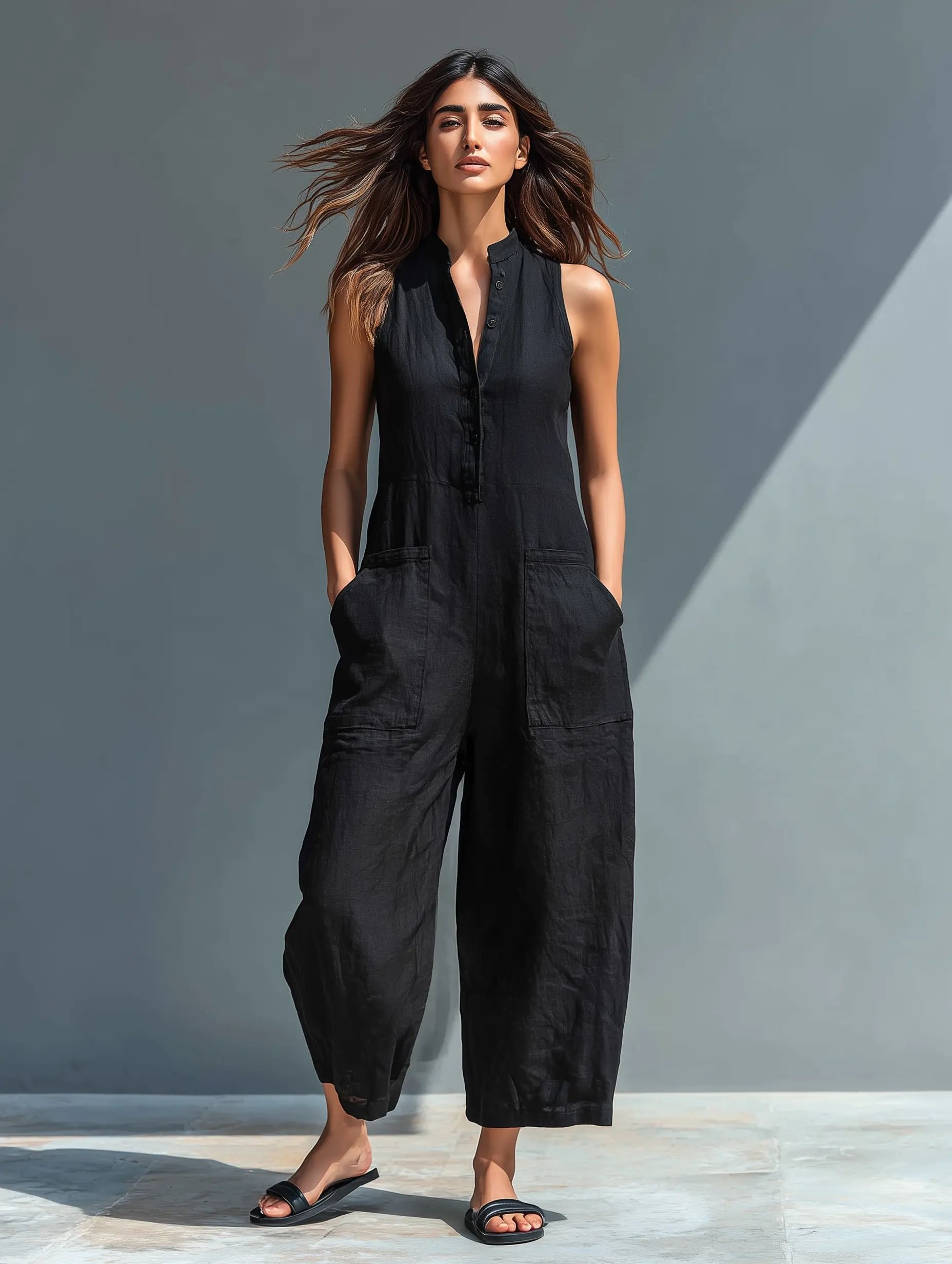 Women's Sleeveless Stand-Collar Button-Up Linen Jumpsuit