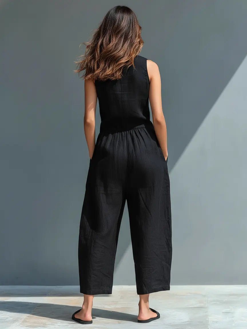 Women's Sleeveless Stand-Collar Button-Up Linen Jumpsuit