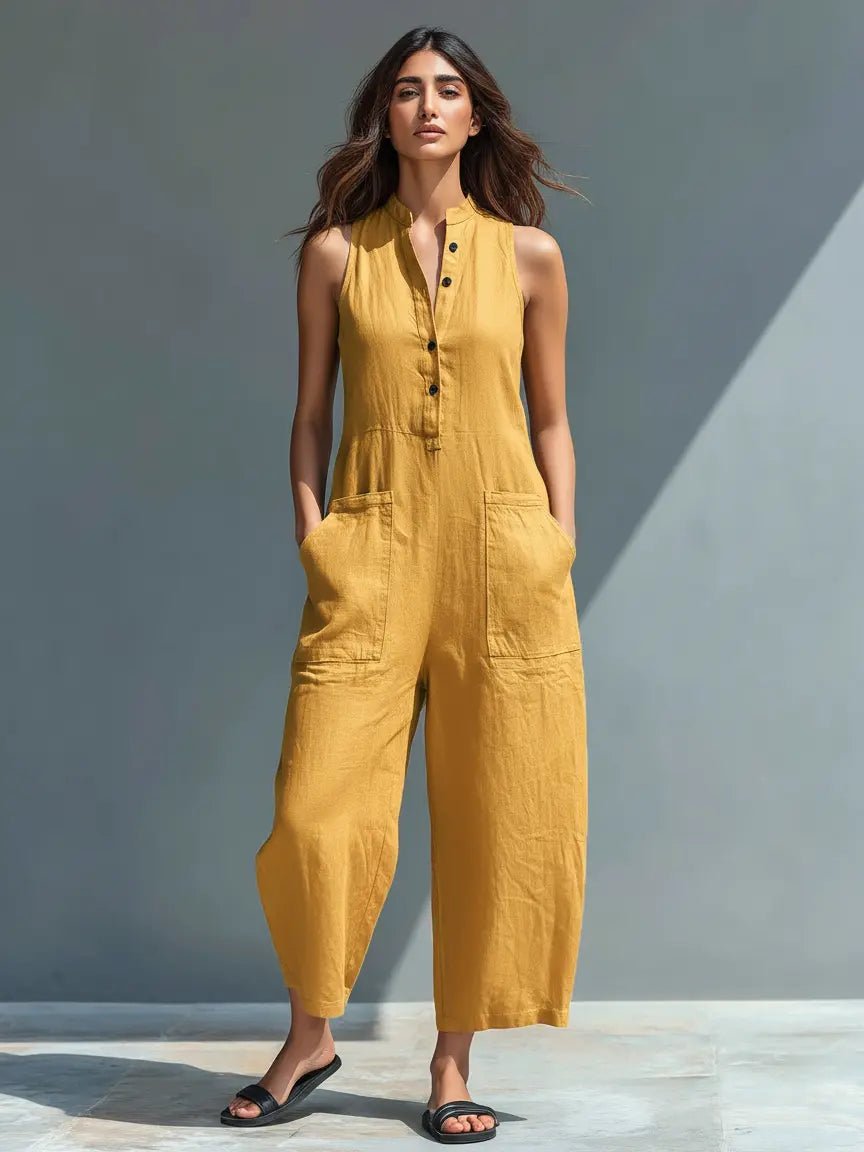 Women's Sleeveless Stand-Collar Button-Up Linen Jumpsuit - Yellow
