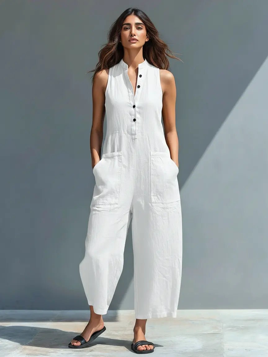 Women's Sleeveless Stand-Collar Button-Up Linen Jumpsuit - White