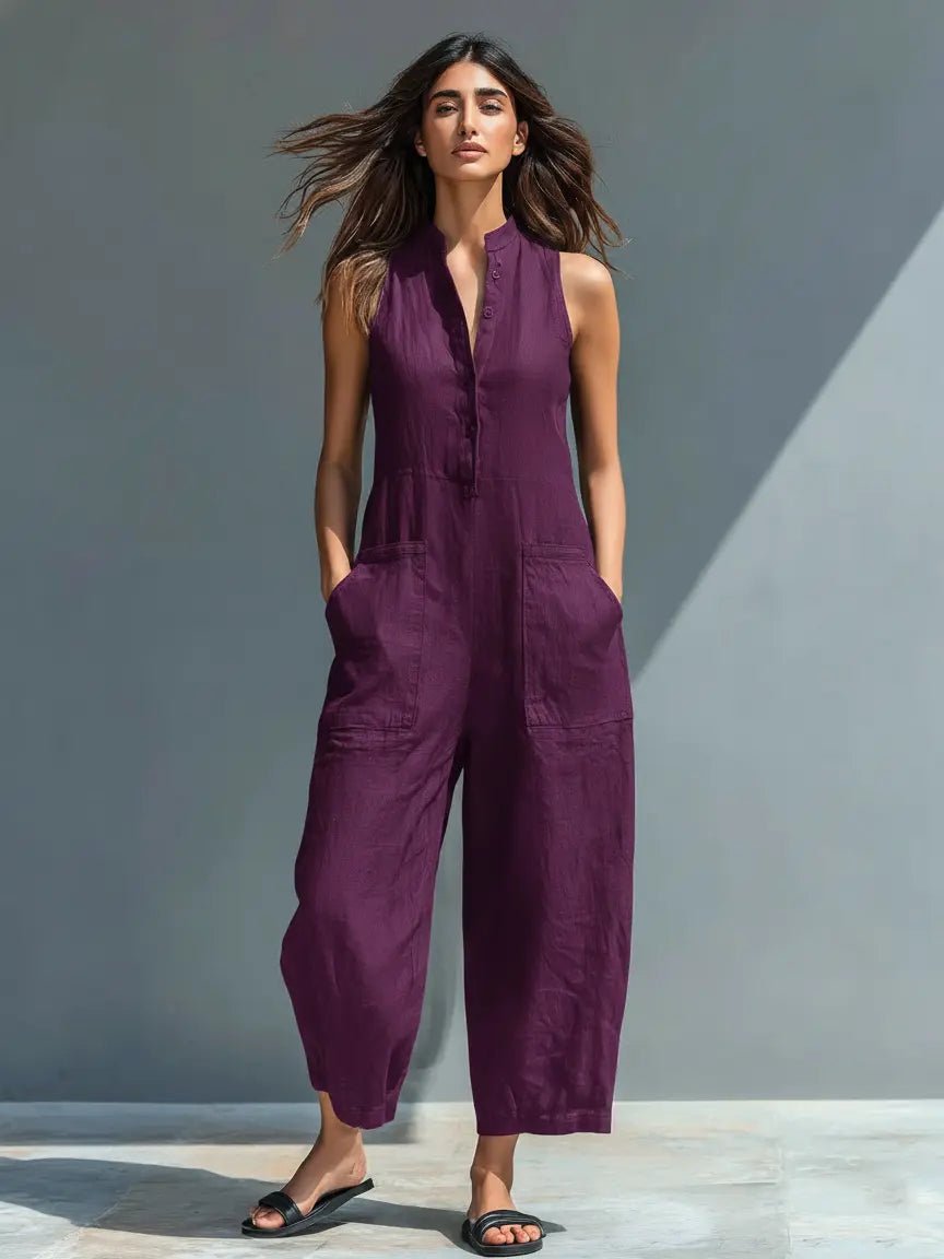 Women's Sleeveless Stand-Collar Button-Up Linen Jumpsuit - Purple