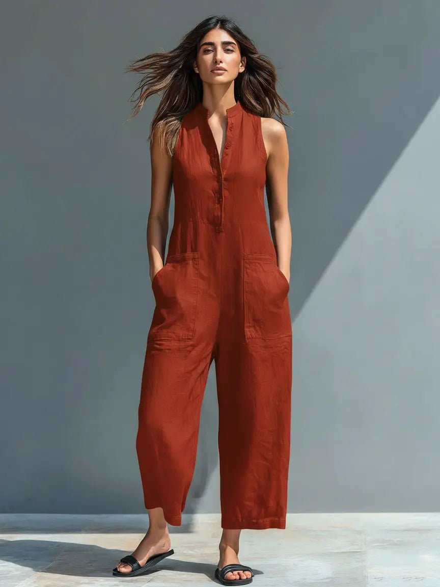 Women's Sleeveless Stand-Collar Button-Up Linen Jumpsuit - Rust Red