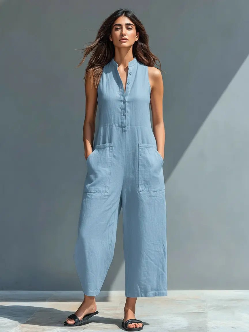 Women's Sleeveless Stand-Collar Button-Up Linen Jumpsuit - Blue