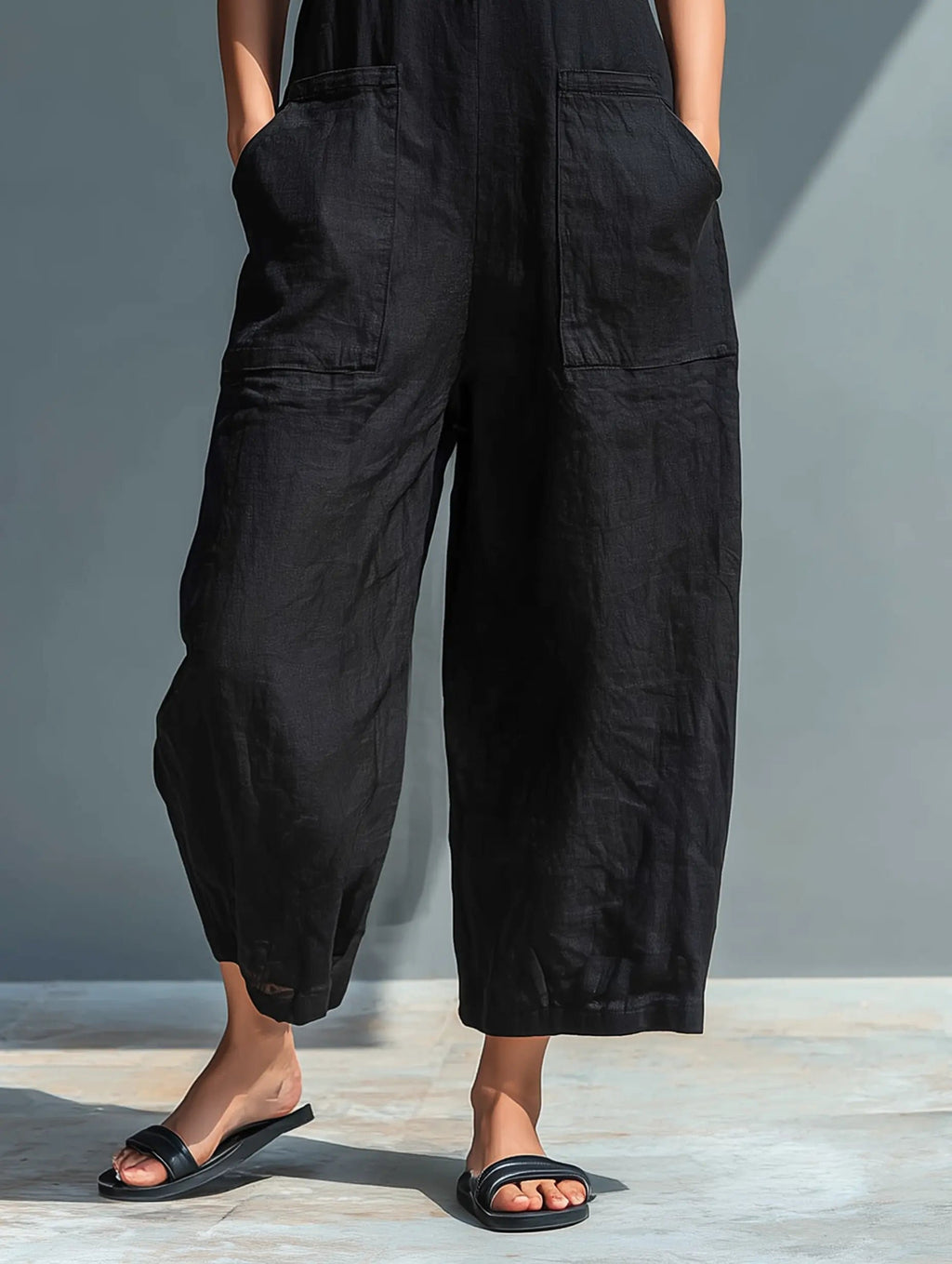Women's Sleeveless Stand-Collar Button-Up Linen Jumpsuit