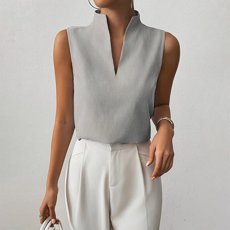 Women's Sleeveless Striped Stand-Collar V-Neck Blouse - Gray