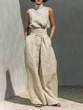 Women's Sleeveless Turtleneck Cotton-Linen Wide-Leg Pants Set - Khaki