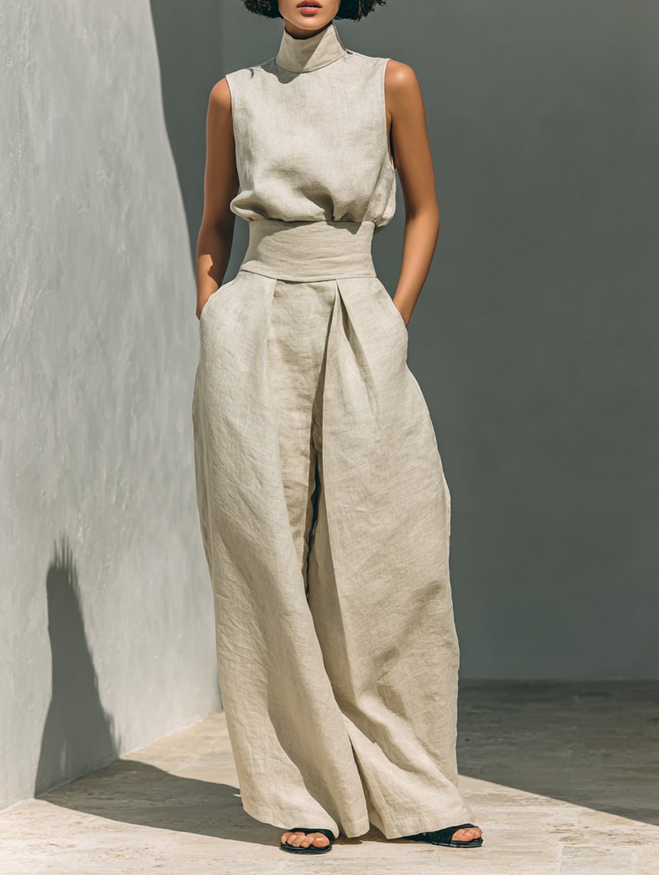 Women's Sleeveless Turtleneck Cotton-Linen Wide-Leg Pants Set - Khaki