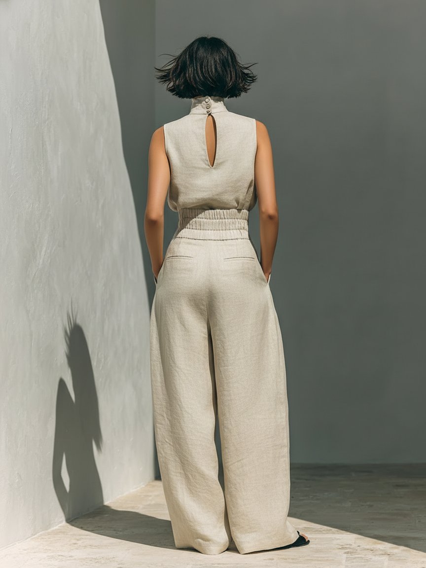 Women's Sleeveless Turtleneck Cotton-Linen Wide-Leg Pants Set