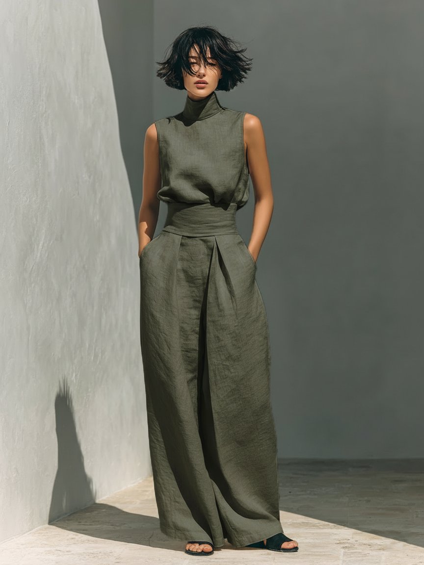 Women's Sleeveless Turtleneck Cotton-Linen Wide-Leg Pants Set - Army Green
