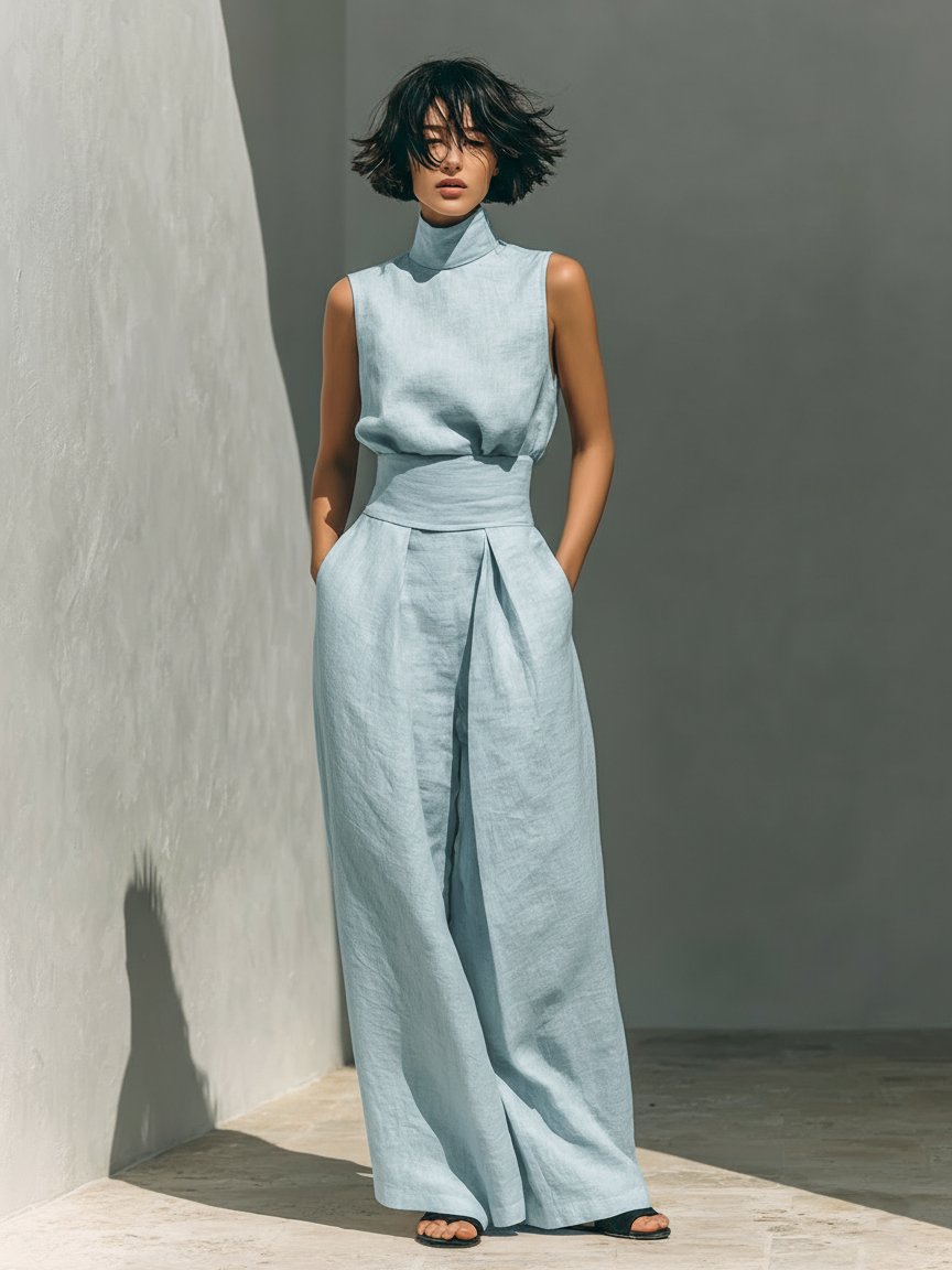 Women's Sleeveless Turtleneck Cotton-Linen Wide-Leg Pants Set - Light Blue