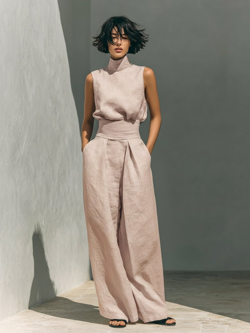 Women's Sleeveless Turtleneck Cotton-Linen Wide-Leg Pants Set - Light Pink