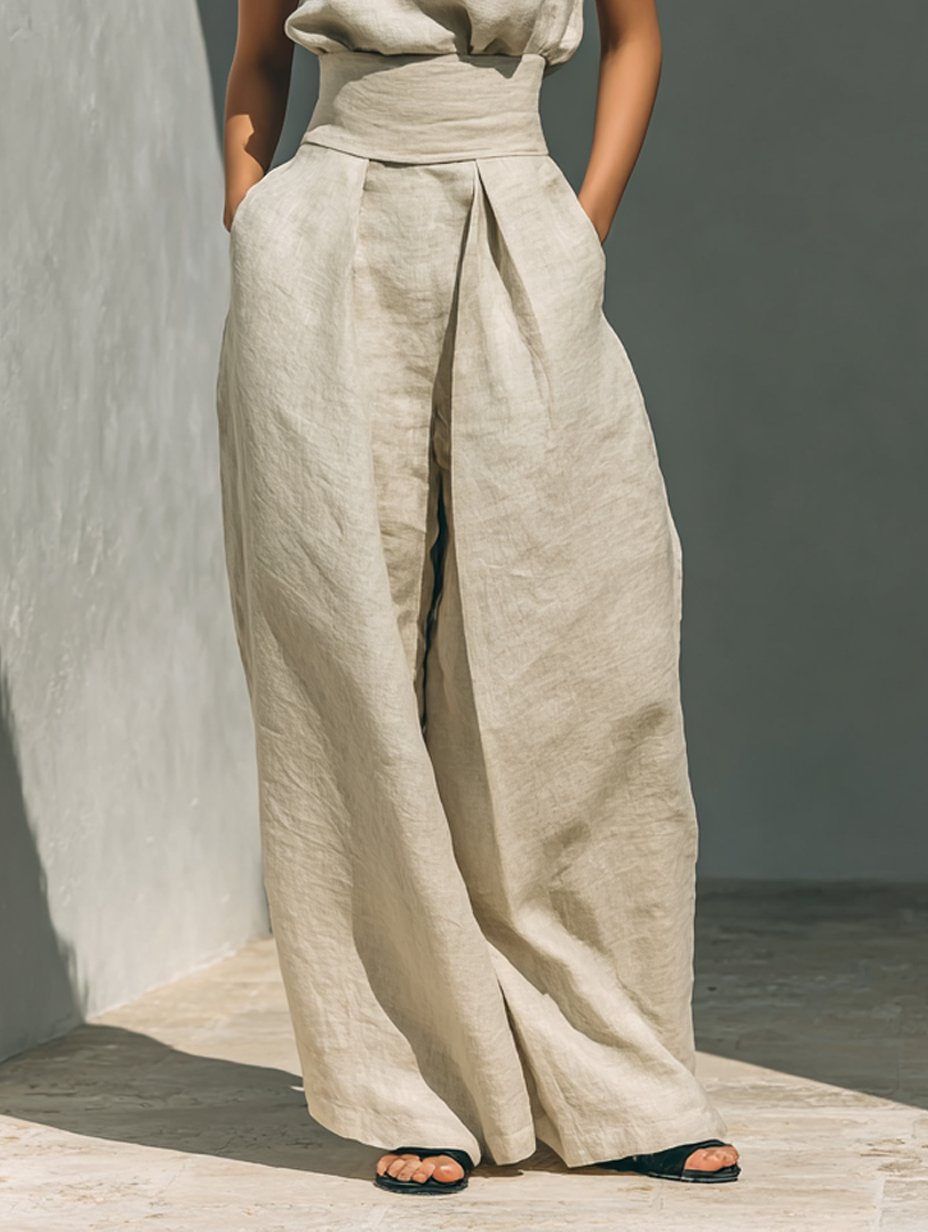 Women's Sleeveless Turtleneck Cotton-Linen Wide-Leg Pants Set