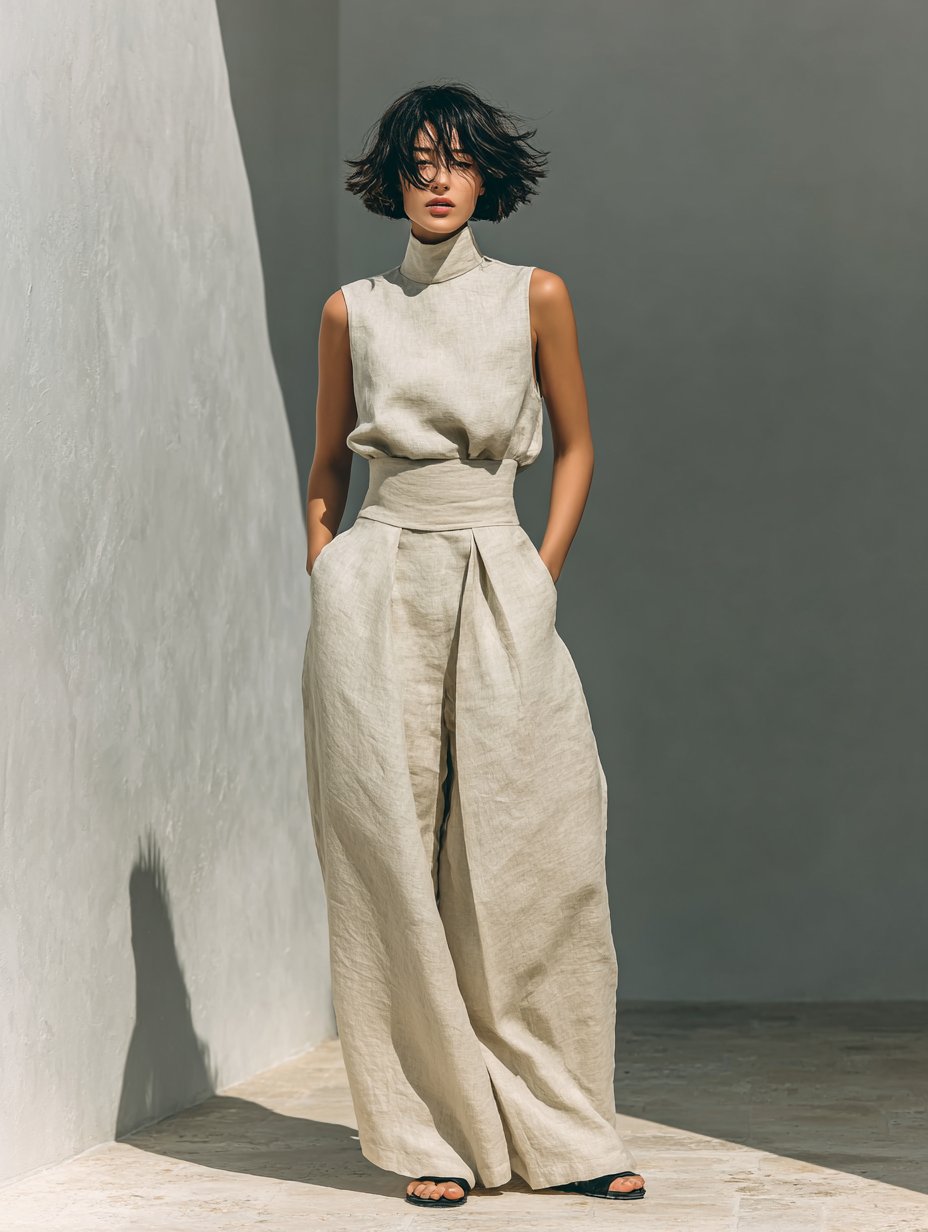 Women's Sleeveless Turtleneck Cotton-Linen Wide-Leg Pants Set