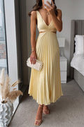 Women's Sleeveless V-Neck Pleated Maxi Dress - Yellow