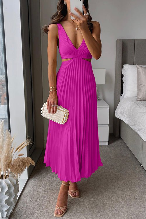 Women's Sleeveless V-Neck Pleated Maxi Dress - Pink