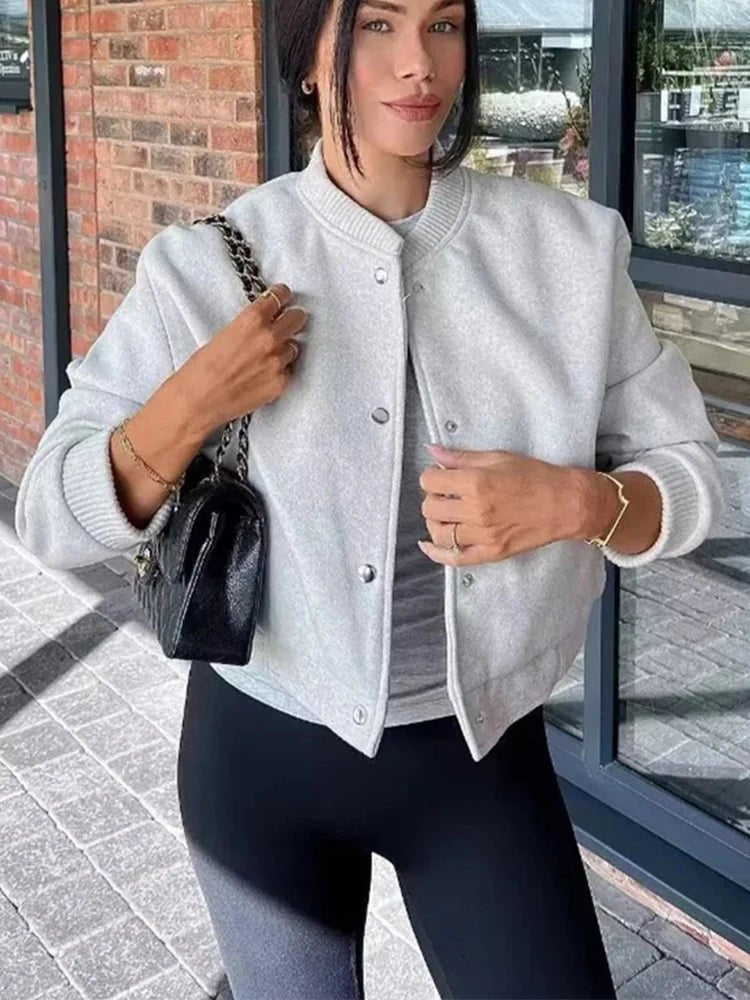 Women's Snap Button Bomber Jacket Ribbed Cropped Gray - Beige