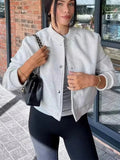 Women's Snap Button Bomber Jacket Ribbed Cropped Gray - Beige
