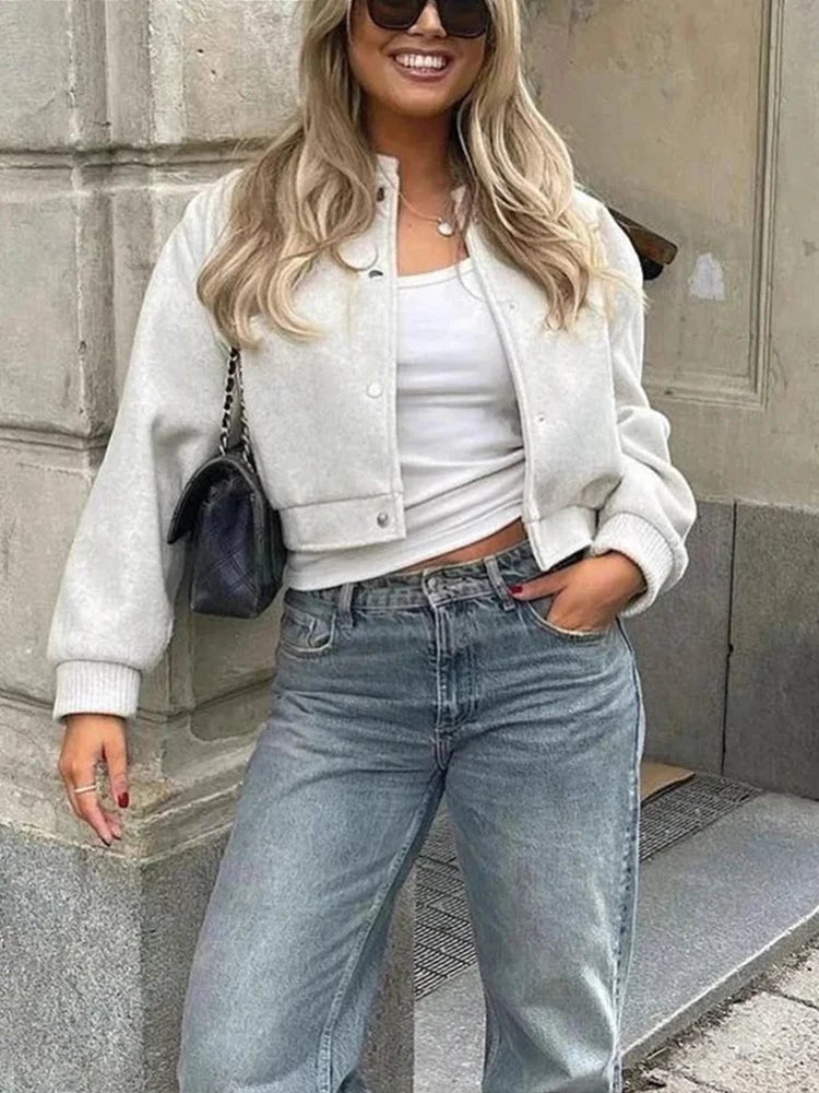 Women's Snap Button Bomber Jacket Ribbed Cropped Gray