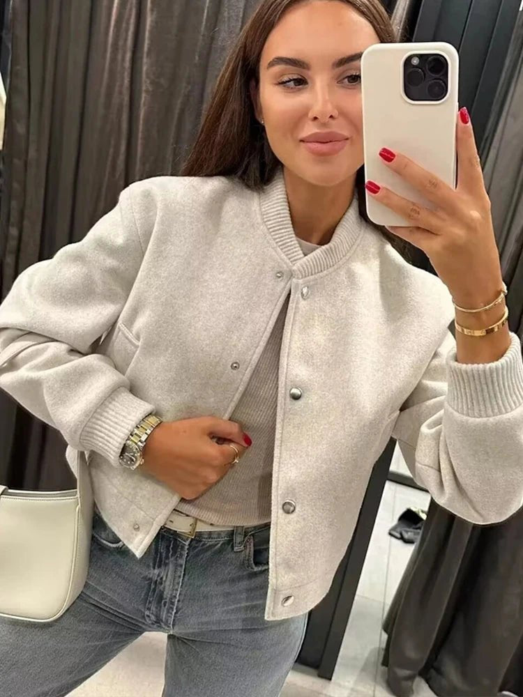 Women's Snap Button Bomber Jacket Ribbed Cropped Gray