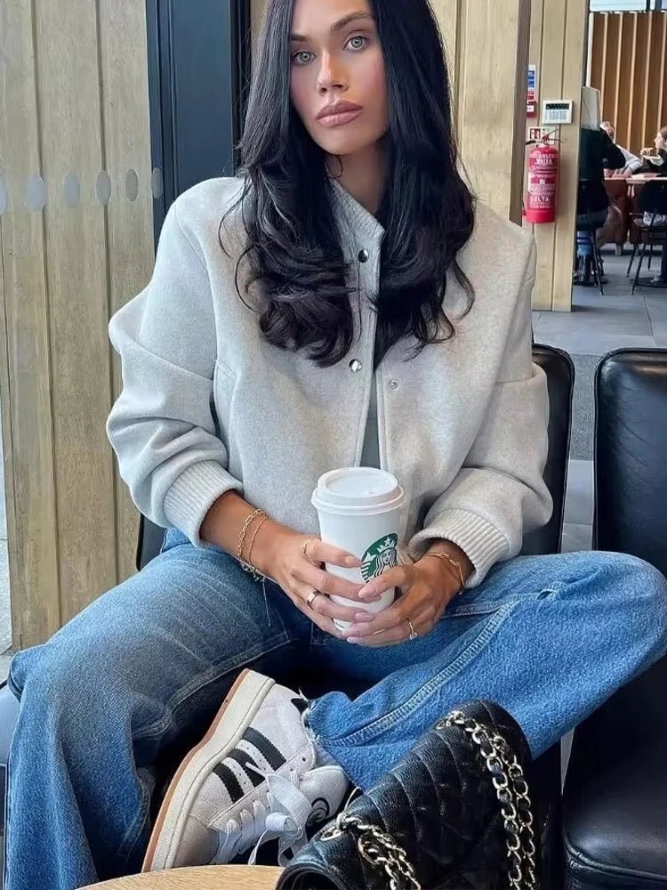 Women's Snap Button Bomber Jacket Ribbed Cropped Gray