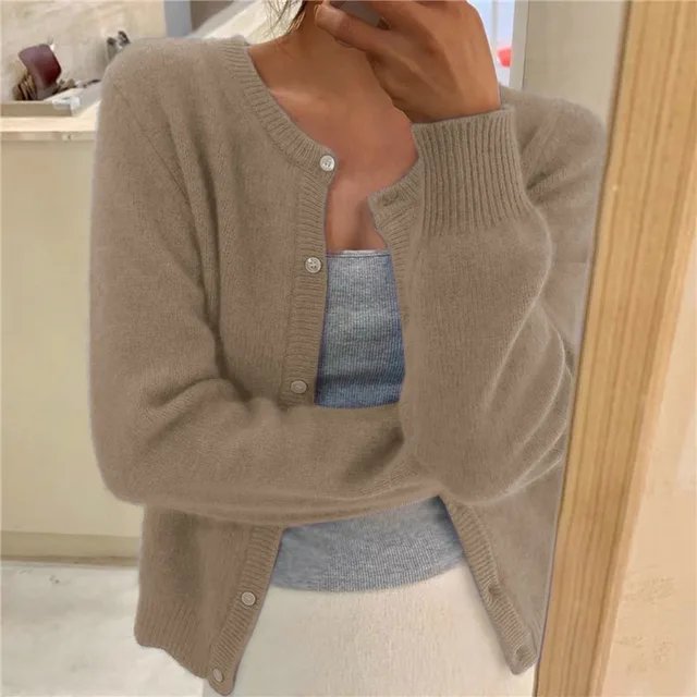 Women's Soft Button-Front Cropped Cardigan Sweater - Khaki