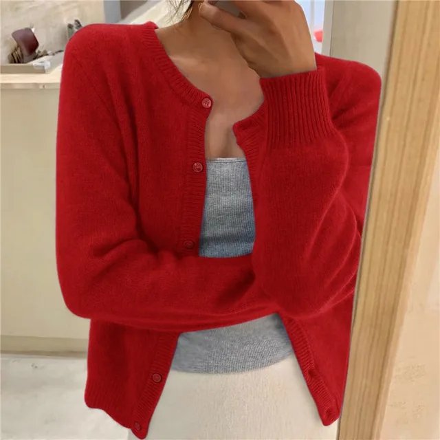 Women's Soft Button-Front Cropped Cardigan Sweater - Red