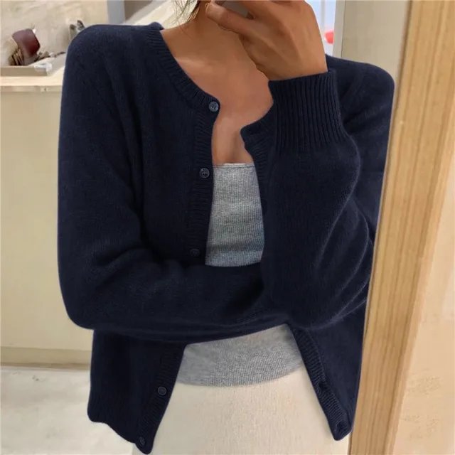 Women's Soft Button-Front Cropped Cardigan Sweater - Navy Blue