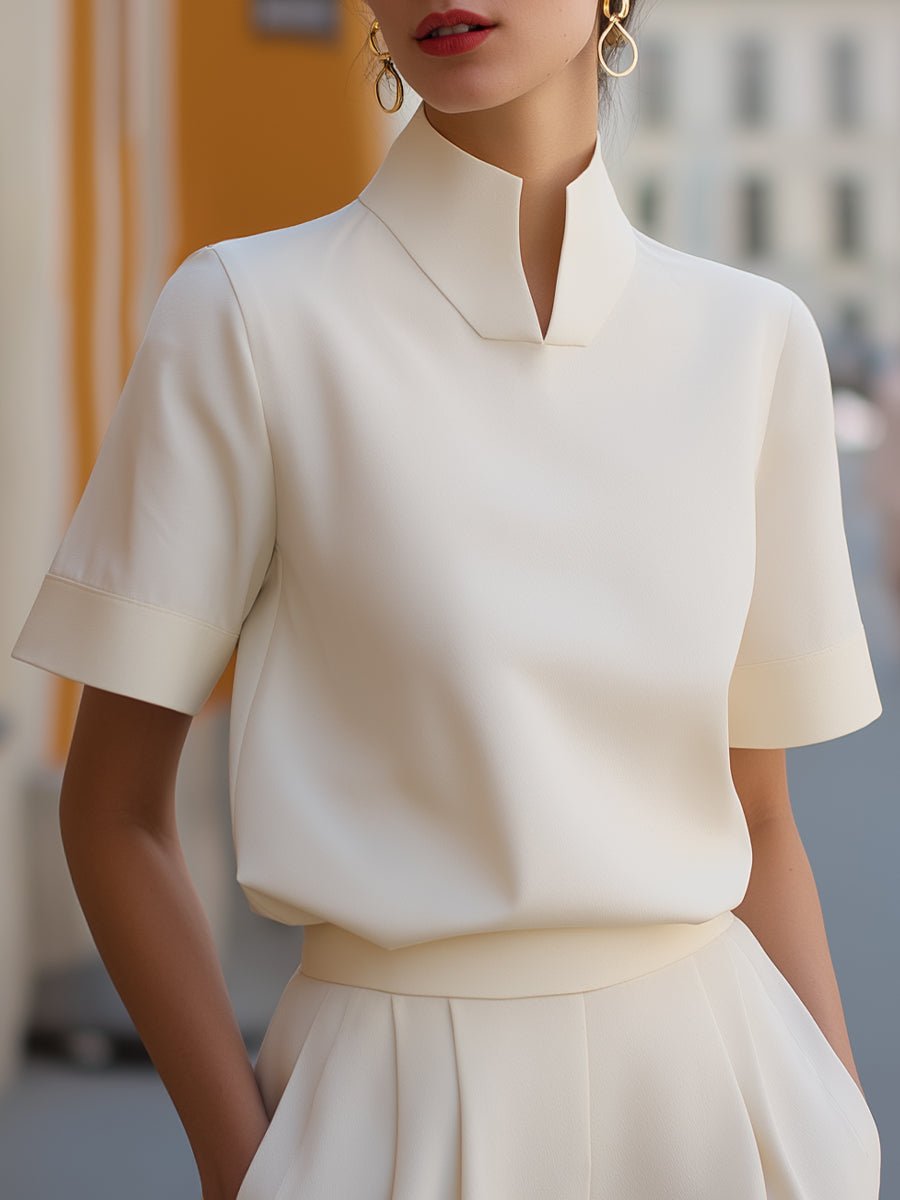 Women's Stand Collar Short Sleeve Professional Blouse - White