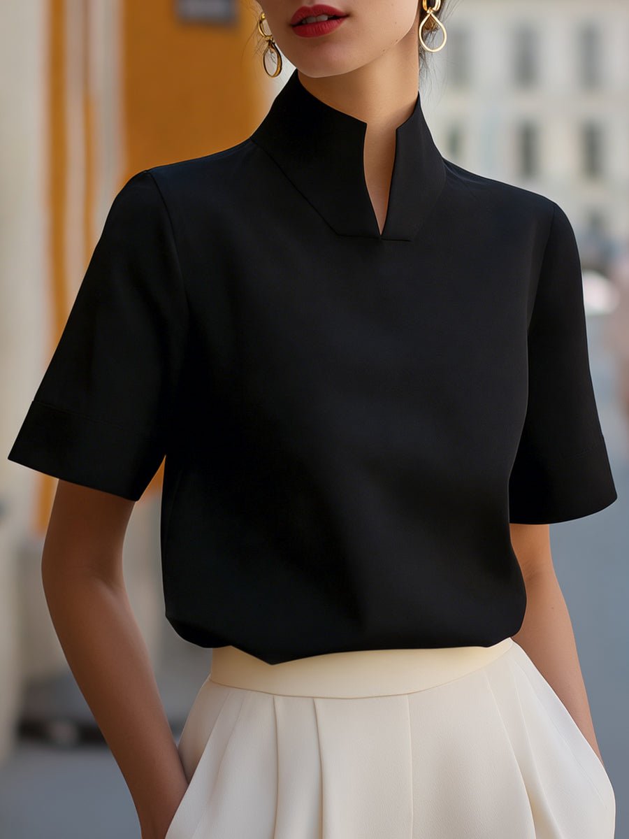 Women's Stand Collar Short Sleeve Professional Blouse - Black