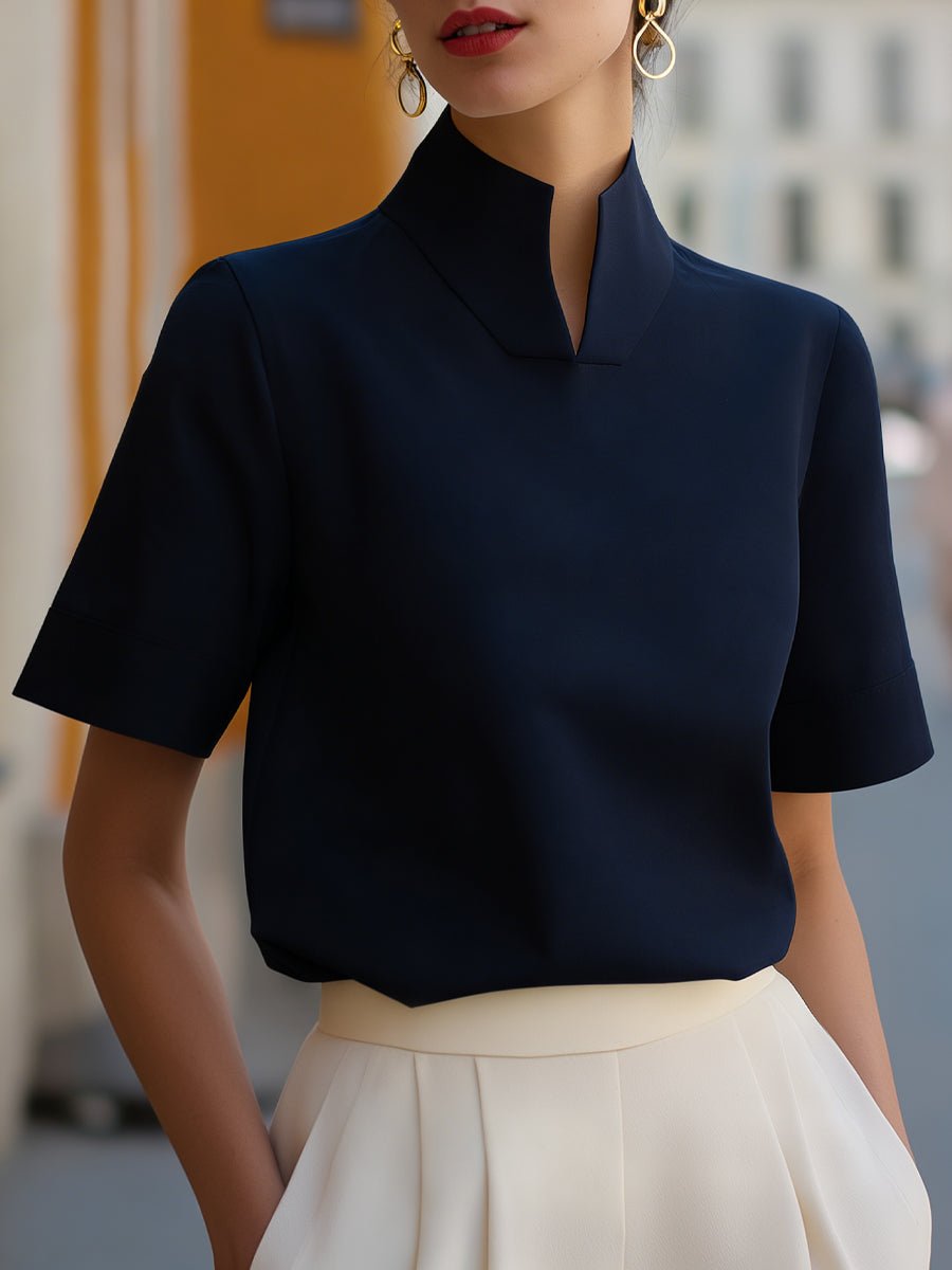 Women's Stand Collar Short Sleeve Professional Blouse - Navy Blue