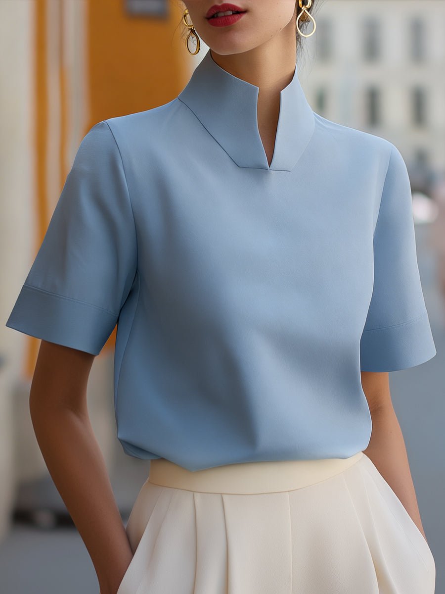Women's Stand Collar Short Sleeve Professional Blouse - Blue