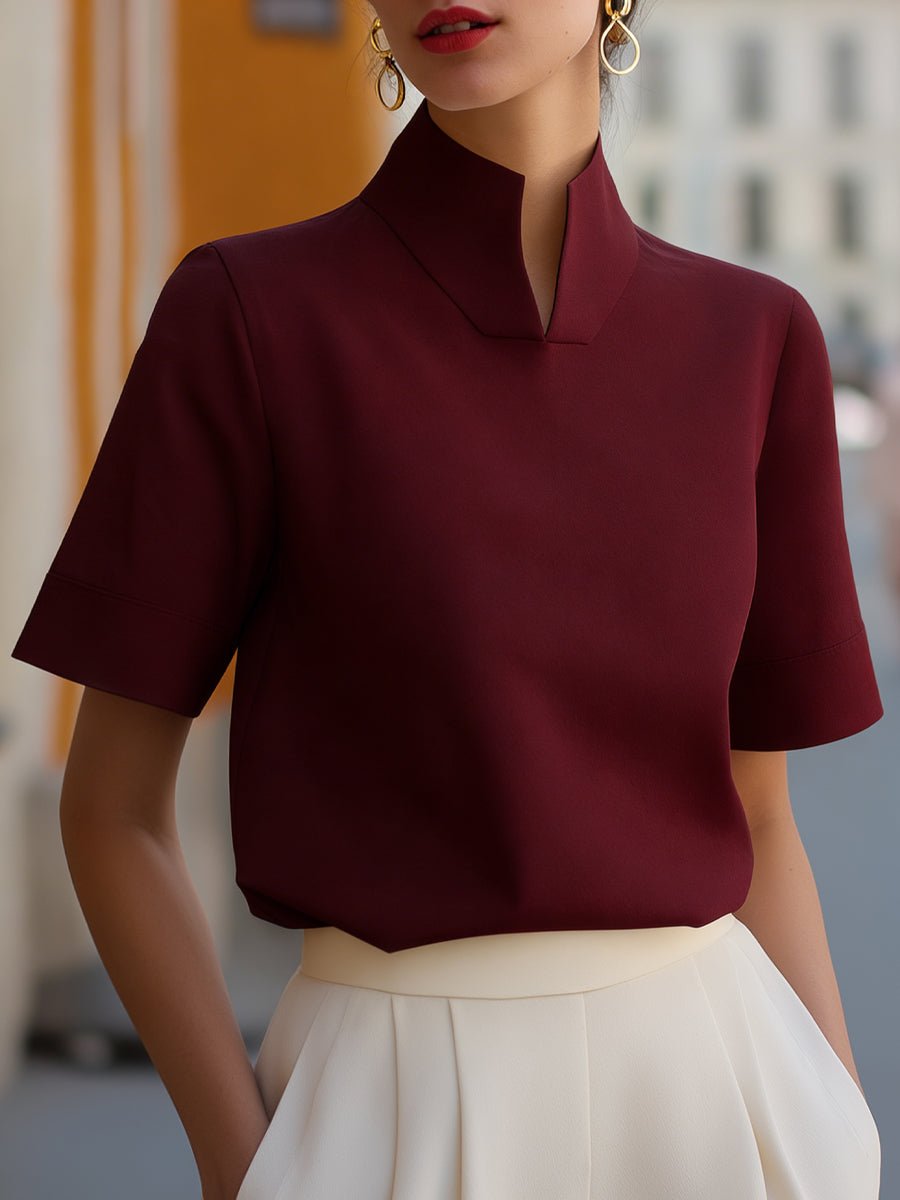 Women's Stand Collar Short Sleeve Professional Blouse - Burgundy