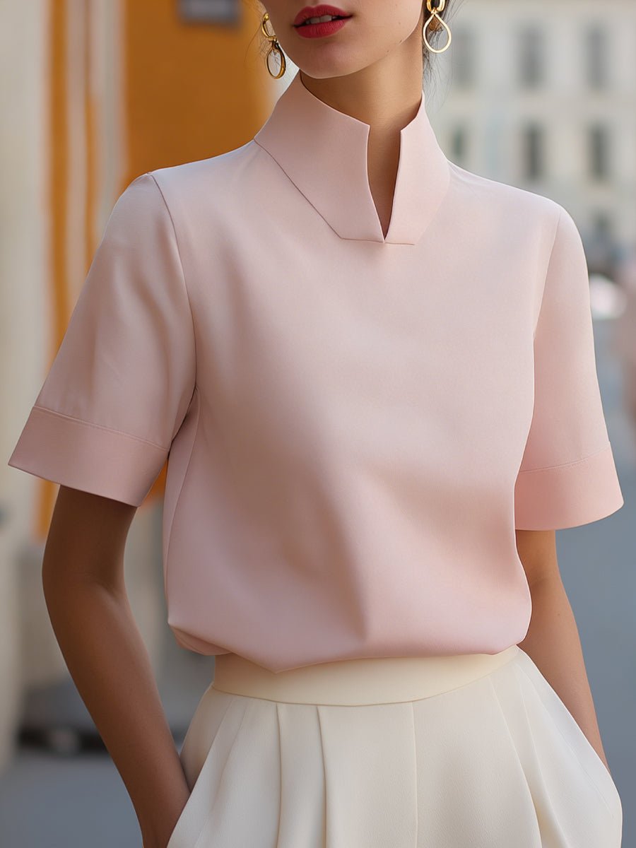 Women's Stand Collar Short Sleeve Professional Blouse - Pink