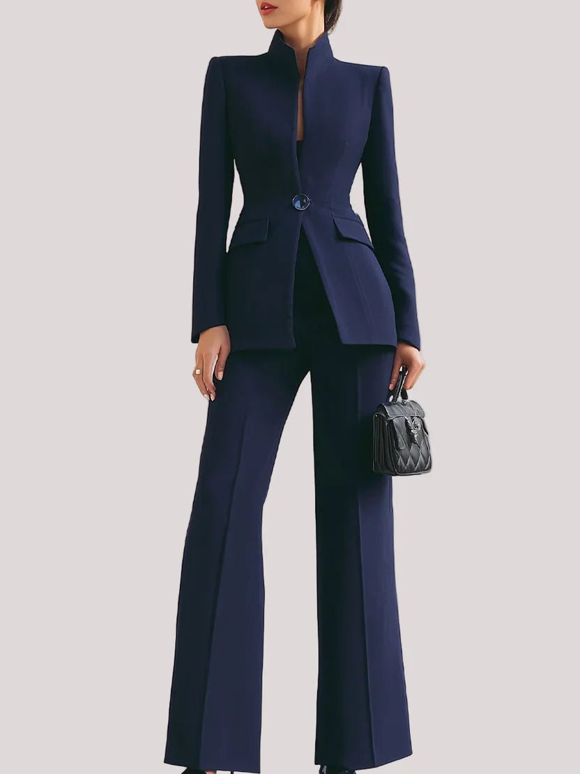 Women's Stand Collar Single-Button Longline Blazer Flare Pants Suit Set - Blue
