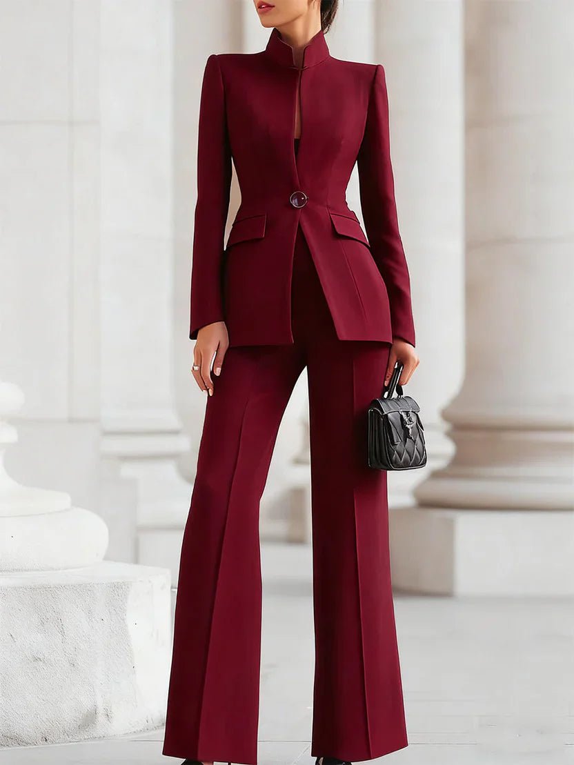 Women's Stand Collar Single-Button Longline Blazer Flare Pants Suit Set - Red