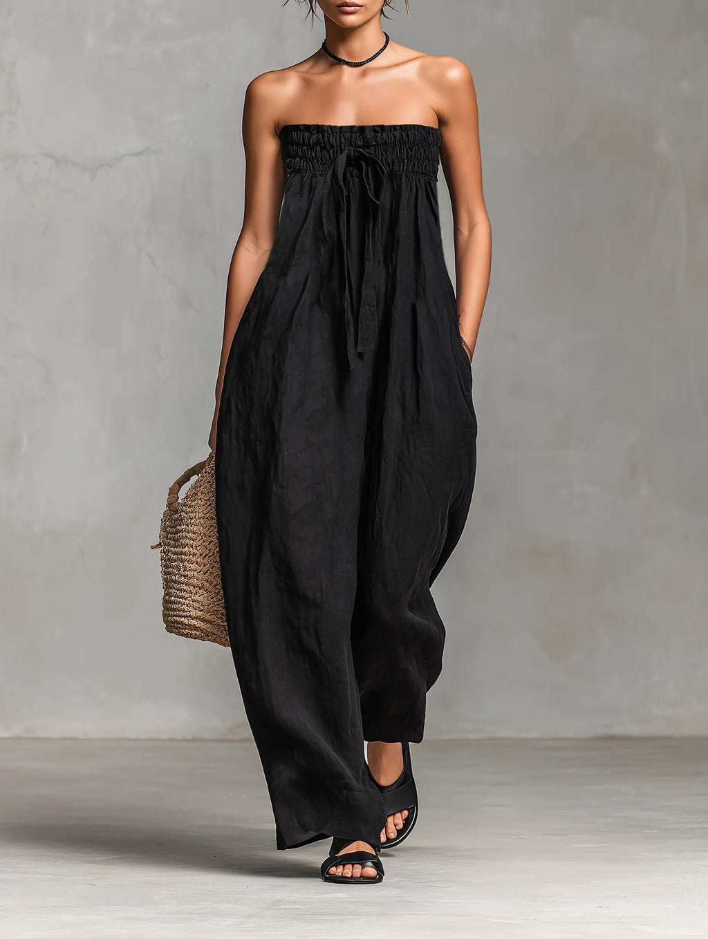 Women's Strapless Linen-Blend Wide-Leg Jumpsuit - Black