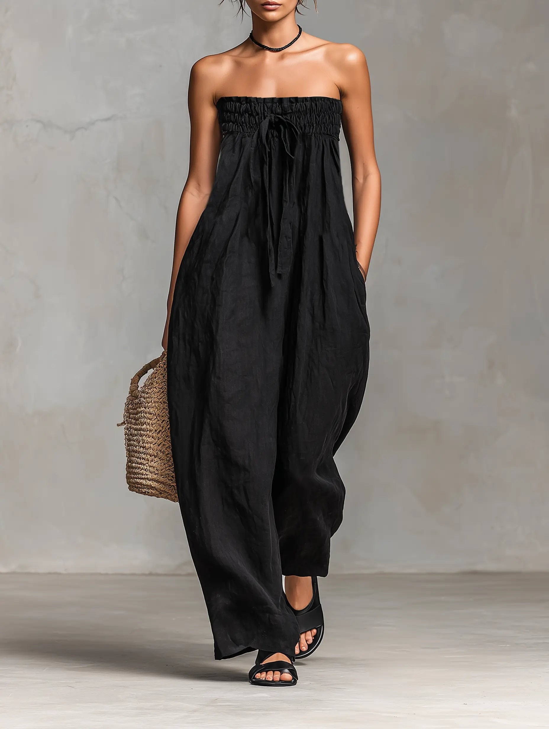 Women's Strapless Linen-Blend Wide-Leg Jumpsuit - Black