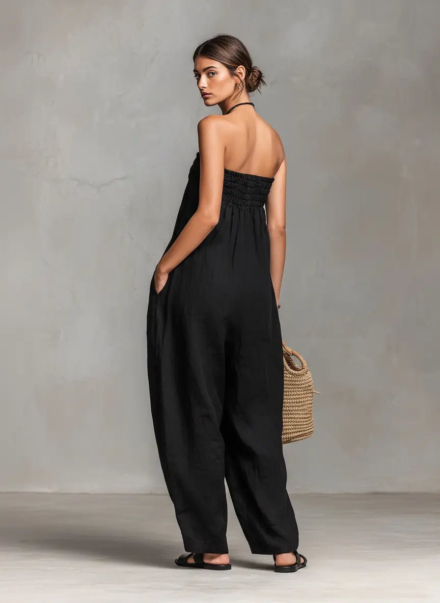 Women's Strapless Linen-Blend Wide-Leg Jumpsuit