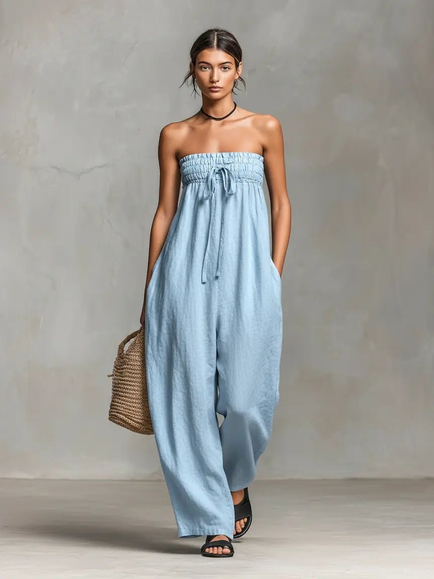 Women's Strapless Linen-Blend Wide-Leg Jumpsuit - Light Blue