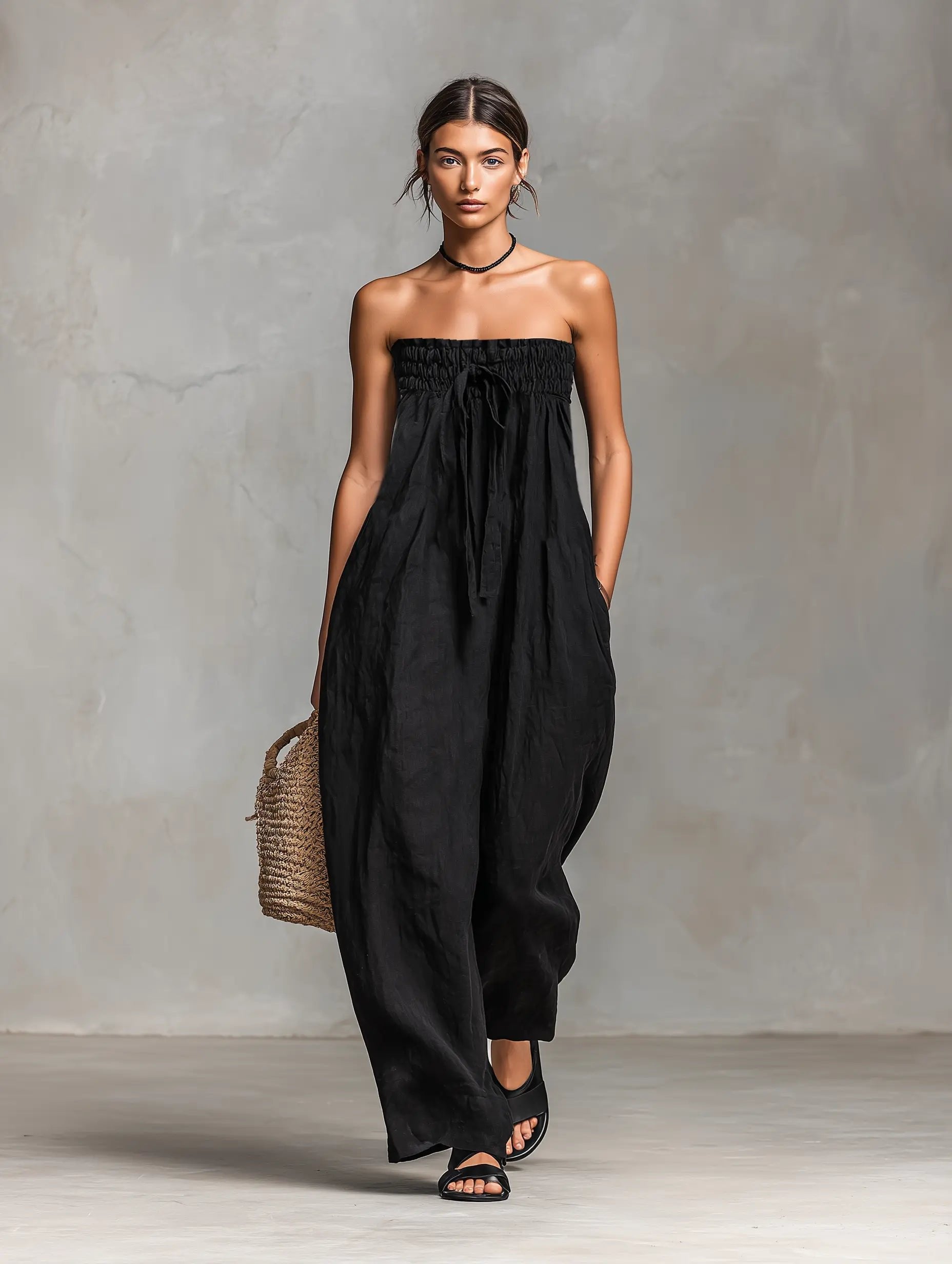 Women's Strapless Linen-Blend Wide-Leg Jumpsuit