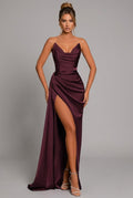 Women's Strapless Ruched Satin Bodycon Thigh-Split Maxi Dress - Crimson Red