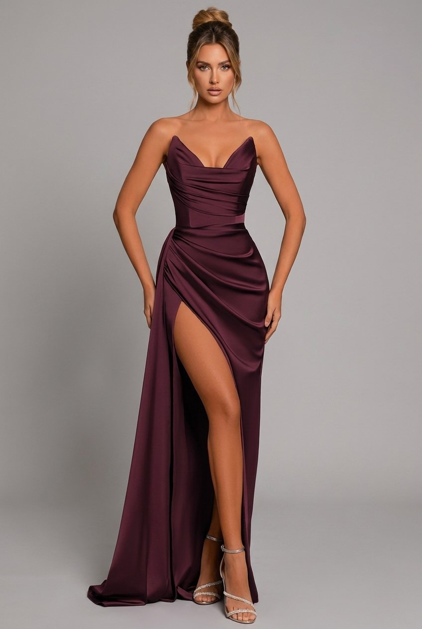 Women's Strapless Ruched Satin Bodycon Thigh-Split Maxi Dress - Crimson Red