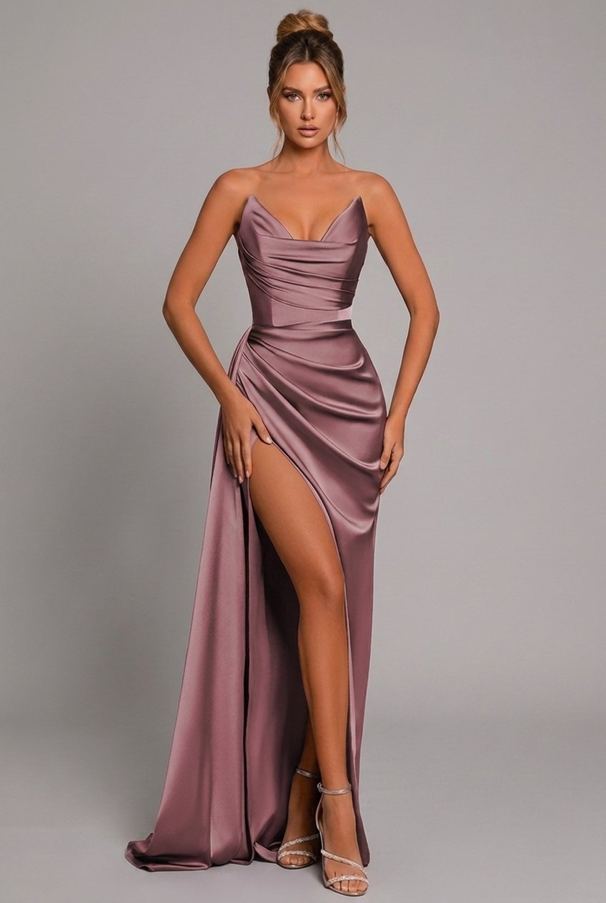 Women's Strapless Ruched Satin Bodycon Thigh-Split Maxi Dress - Dusty Rose