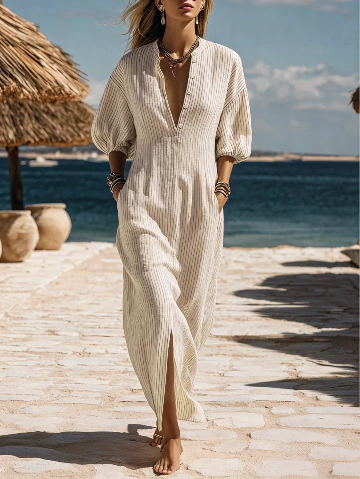 Women's Striped Button-Down Three-Quarter Sleeve Midi Dress - White
