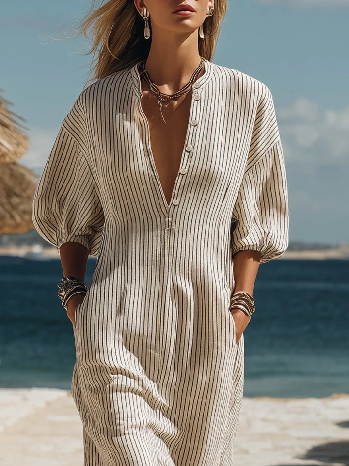 Women's Striped Button-Down Three-Quarter Sleeve Midi Dress