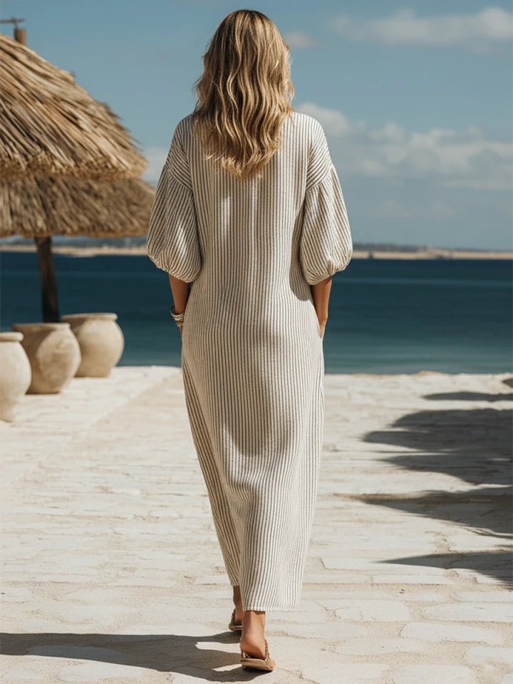Women's Striped Button-Down Three-Quarter Sleeve Midi Dress