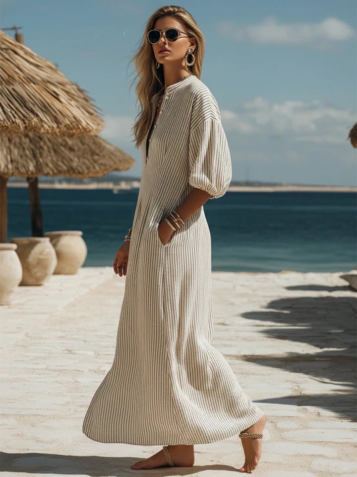 Women's Striped Button-Down Three-Quarter Sleeve Midi Dress